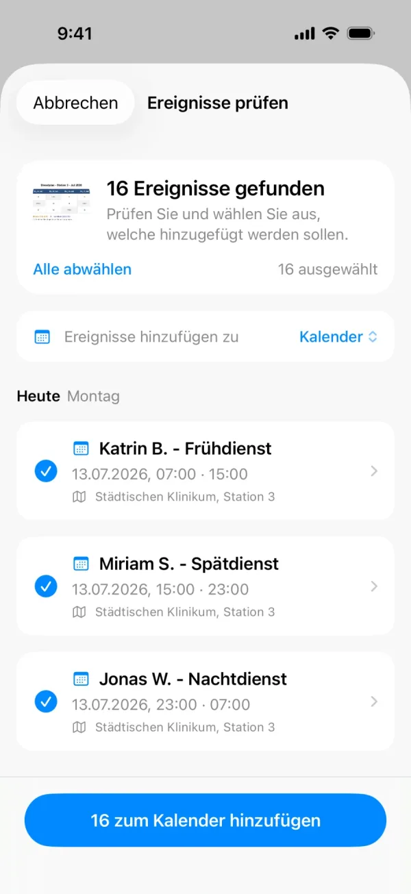 Prüfliste in Lumical mit der Überschrift 16 Ereignisse gefunden