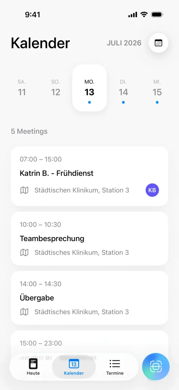 Tagesansicht in Lumical mit dem Frühdienst am Montag, 13. Juli 2026