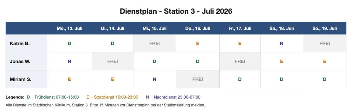 Dienstplan der Station 3 für Juli 2026 als Tabelle mit drei Personen und sieben Tagen