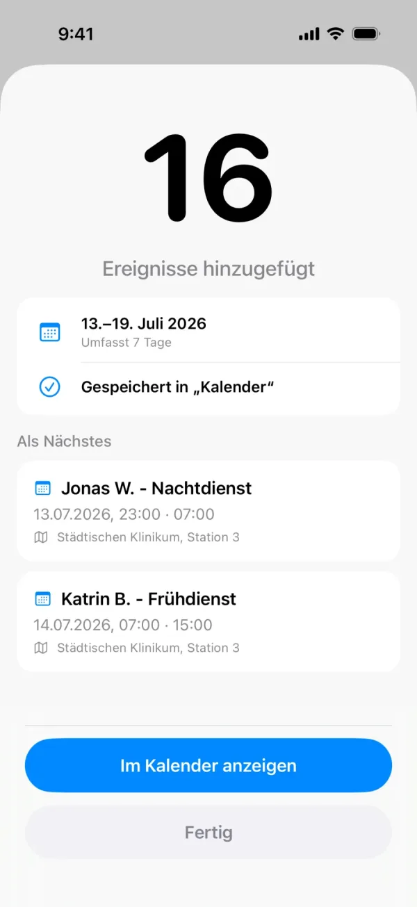 Bestätigung in Lumical mit 16 Ereignisse hinzugefügt und dem Zeitraum Juli 2026