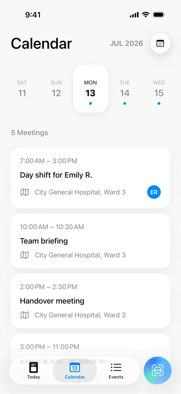 Calendar view for Monday 13 July showing the day shift alongside a team briefing and a handover meeting