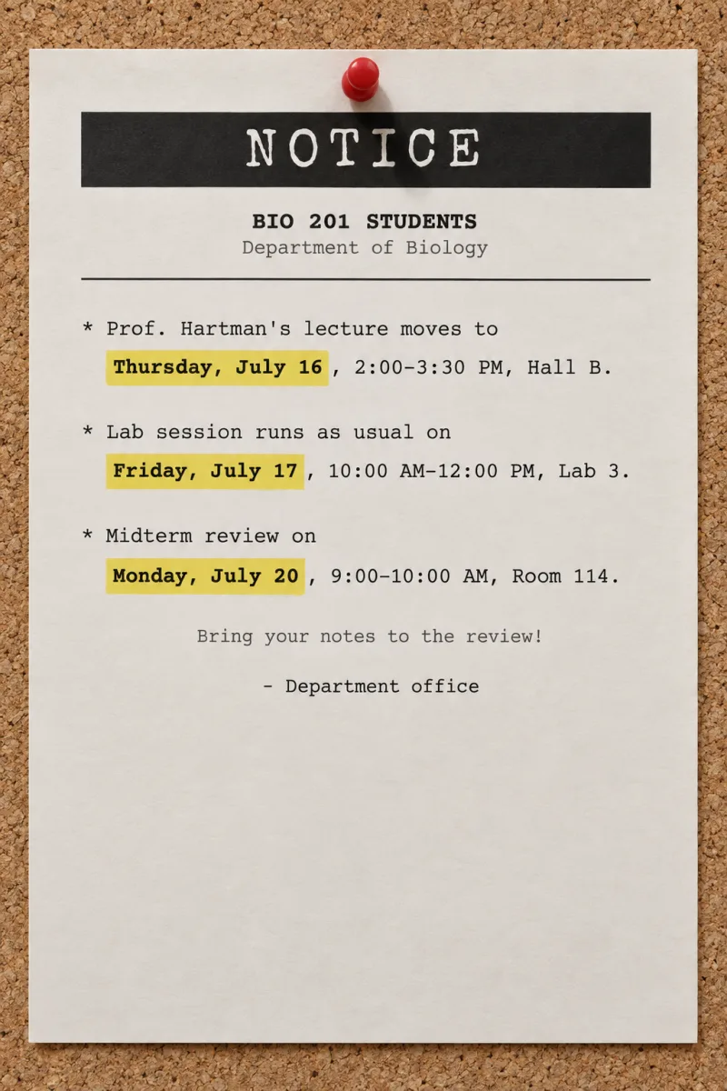 A printed department notice pinned to a corkboard, listing three dated items with the dates highlighted