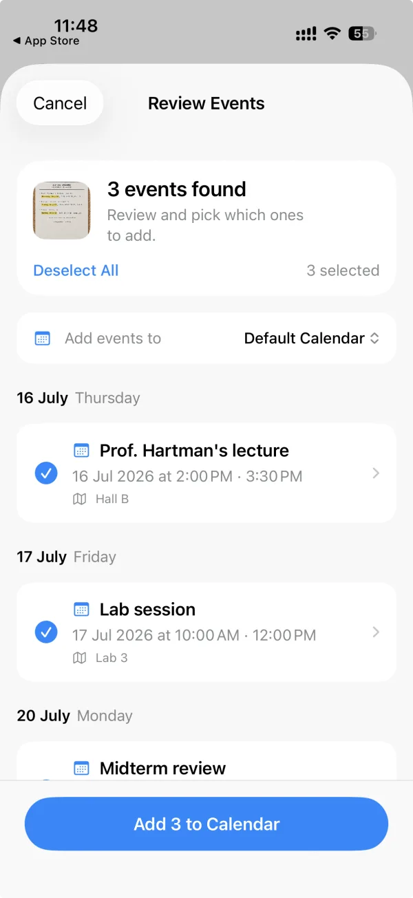 Review screen showing 3 events found, grouped under 16 July, 17 July and 20 July