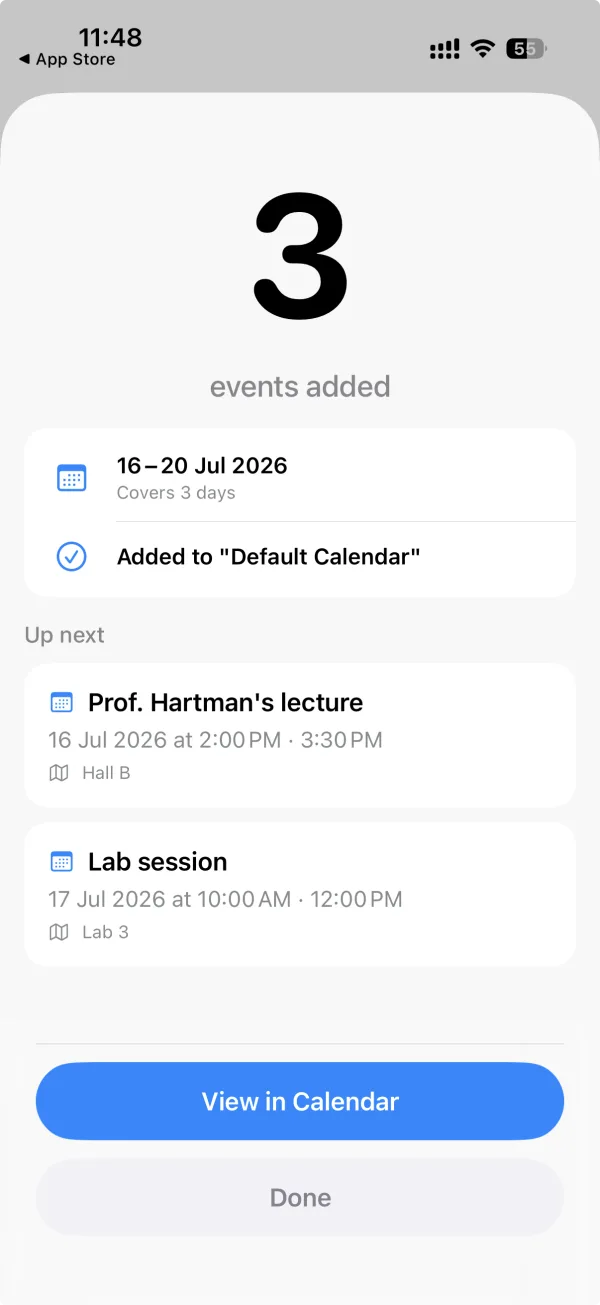 Confirmation screen reading 3 events added, covering 16 to 20 July 2026