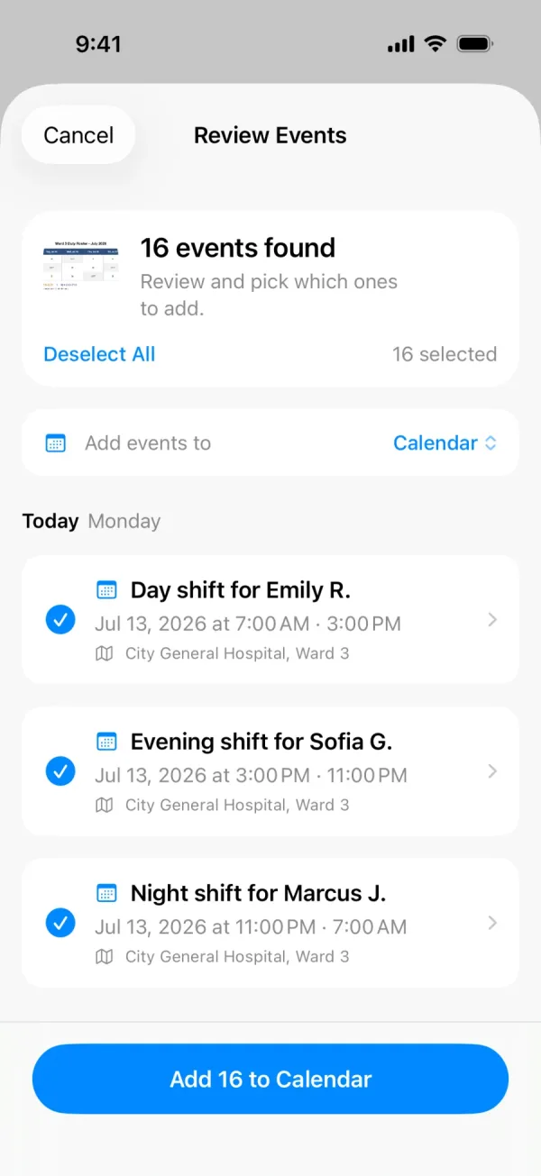 Lumical review screen showing 16 events found from the roster photo, with each shift ticked