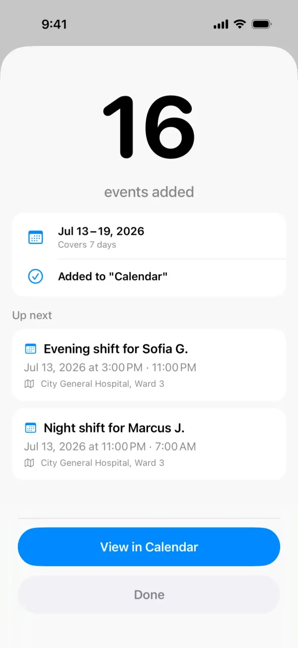 Confirmation screen reading 16 events added, covering 13 to 19 July 2026