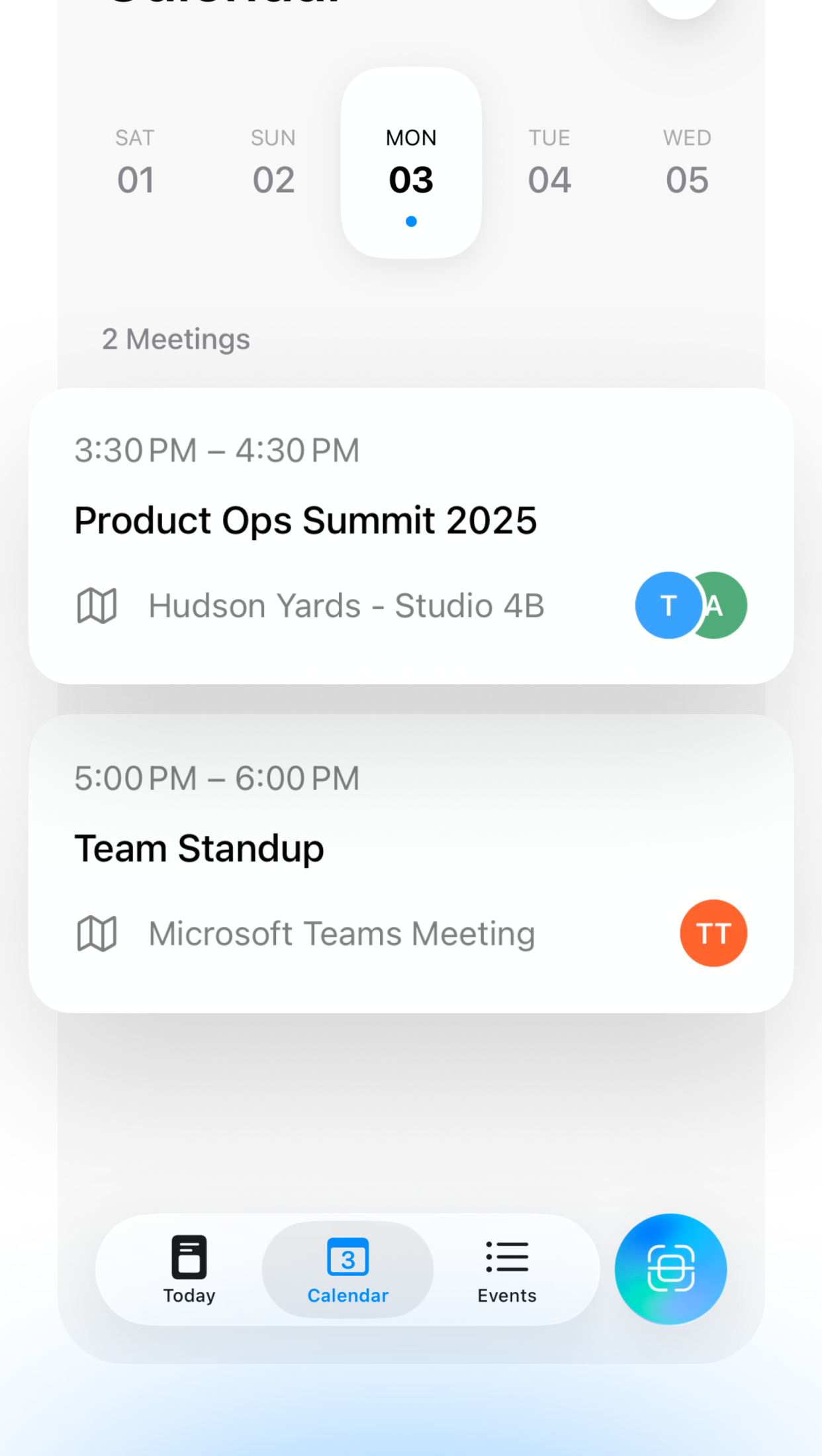 Lumical calendar view with daily schedule and navigation