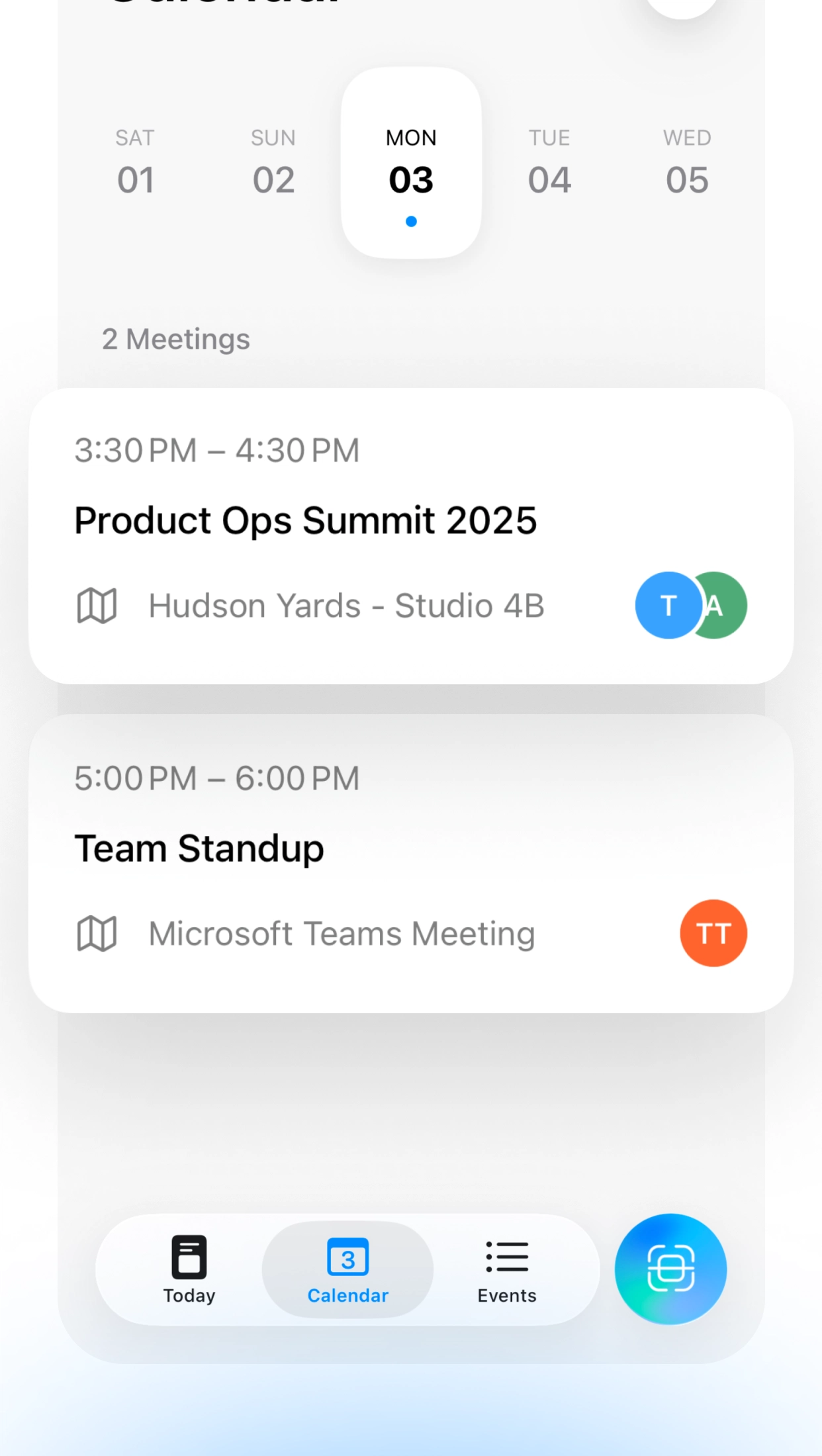 Lumical calendar view with daily schedule and navigation