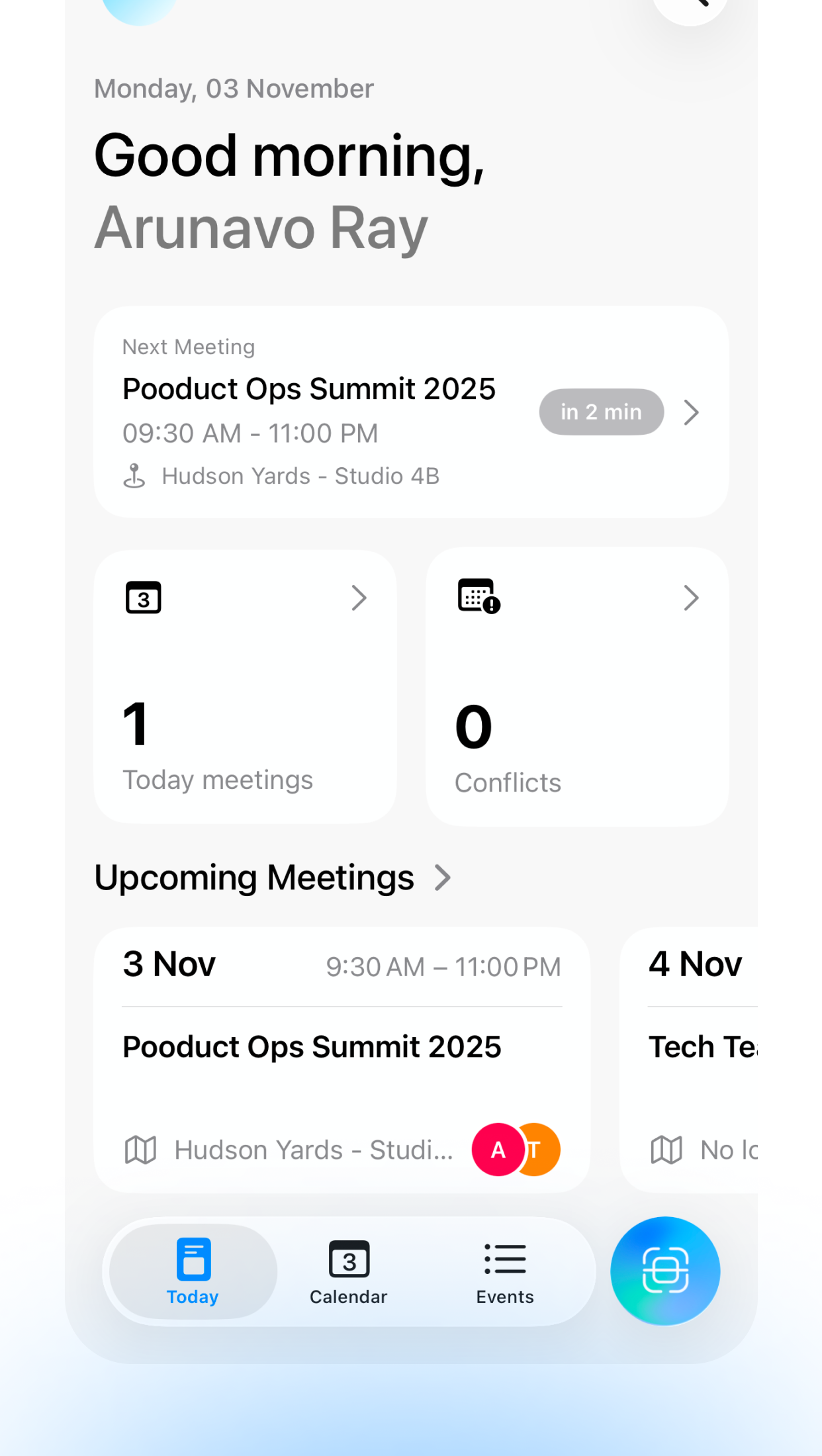 Lumical dashboard showing meeting overview and conflict detection