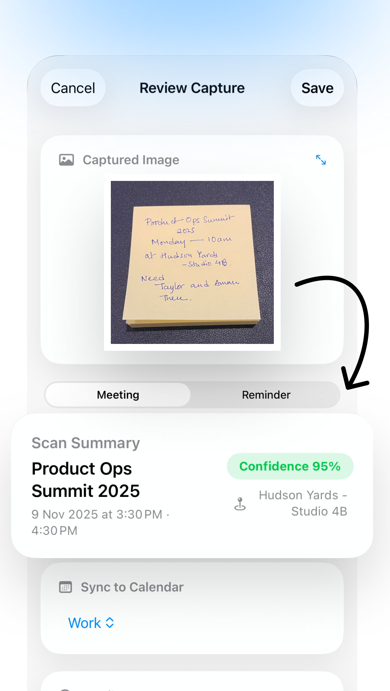 Lumical parsing a meeting invitation with 95% confidence score