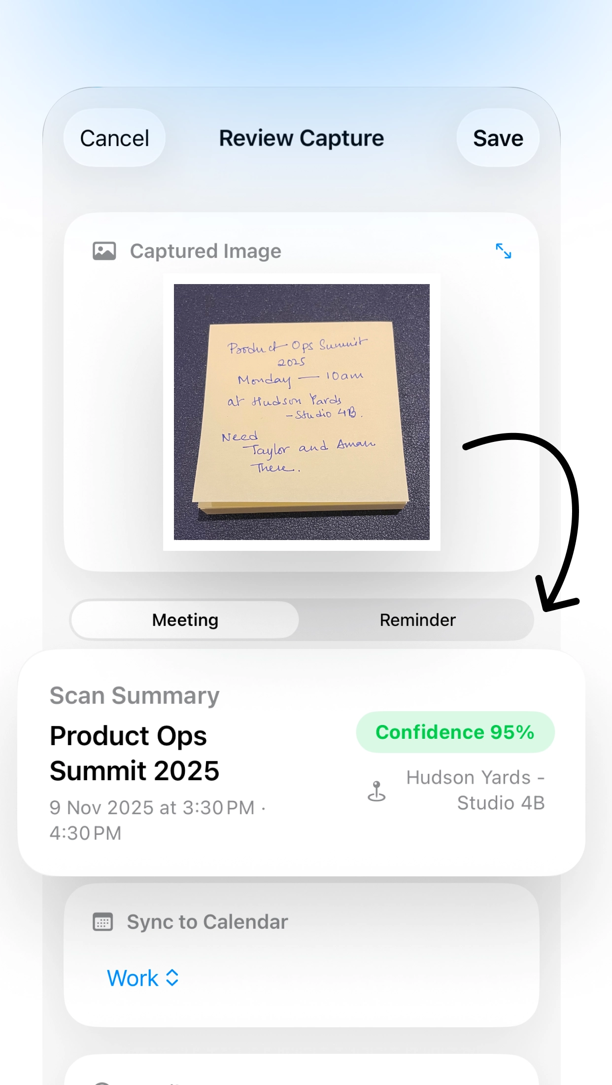 Lumical parsing a meeting invitation with 95% confidence score