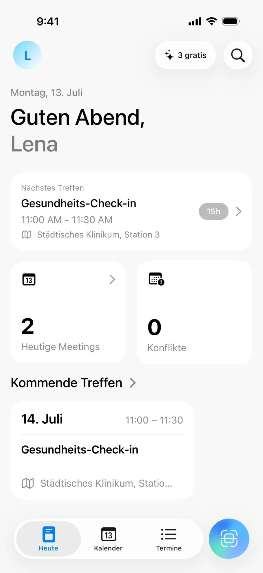 Lumical Startbildschirm mit Tagesübersicht und Konfliktanzahl