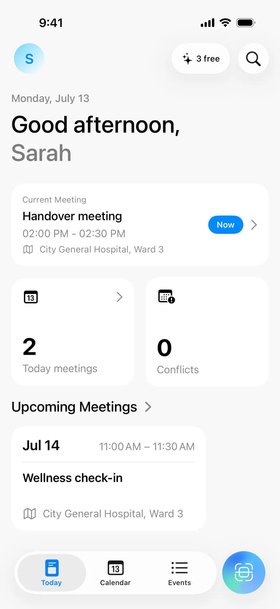 Lumical home screen with the daily overview and conflict count