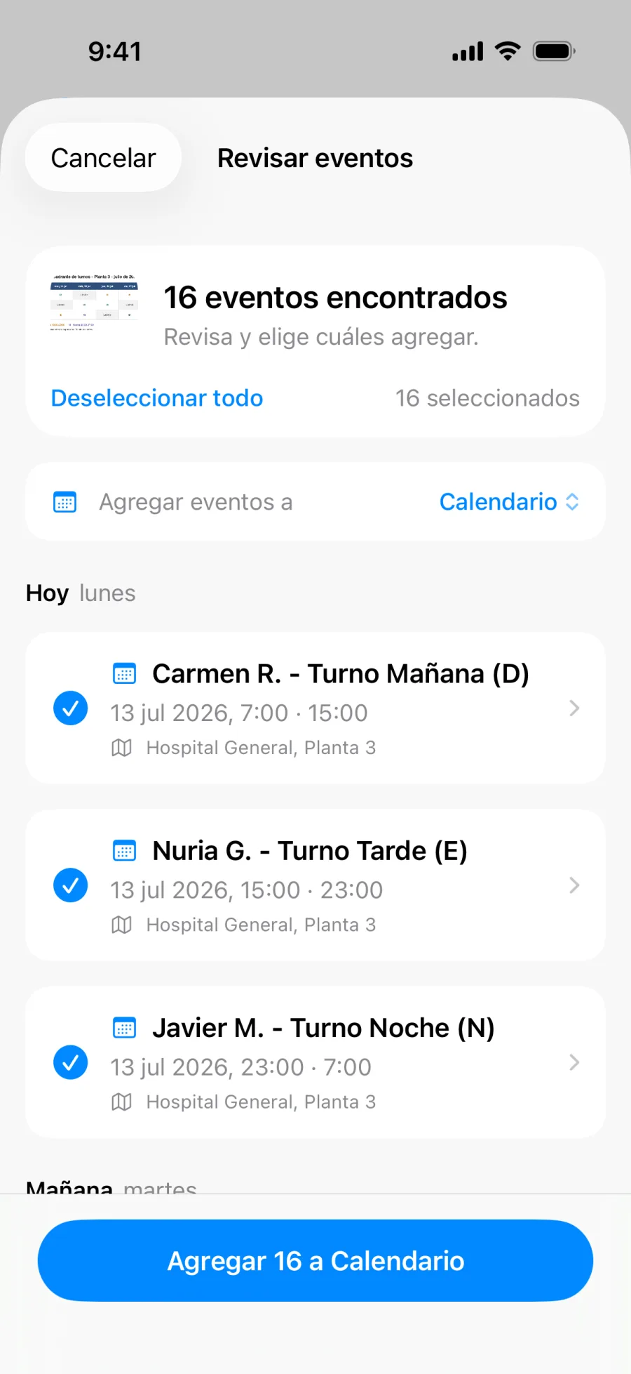 Revisión por lotes de Lumical mostrando una semana entera de turnos extraídos de la foto de un cuadrante