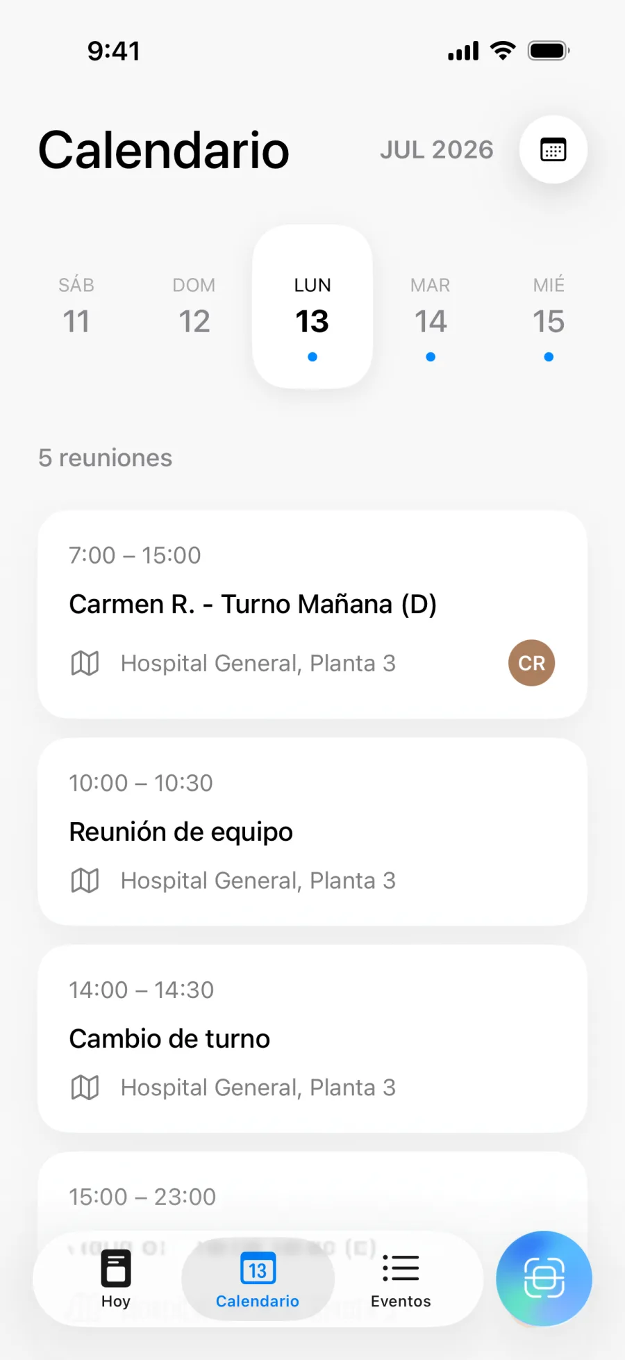 Vista de calendario de Lumical con la agenda diaria y navegación