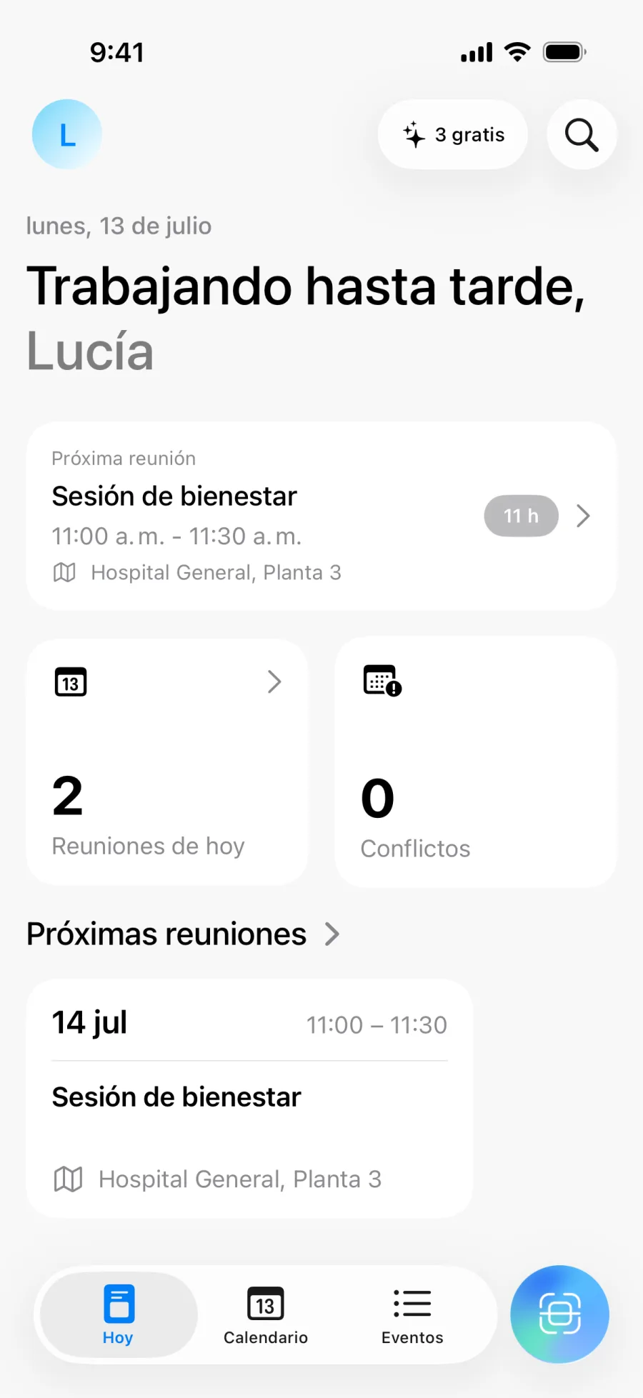 Pantalla de inicio de Lumical con el resumen diario y el número de conflictos