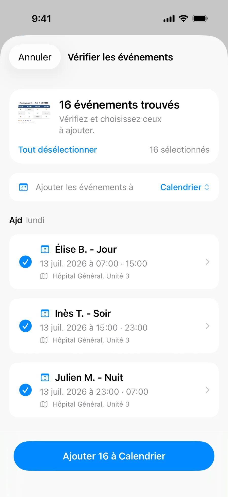 Révision groupée Lumical montrant une semaine entière de postes extraits d'une seule photo de planning