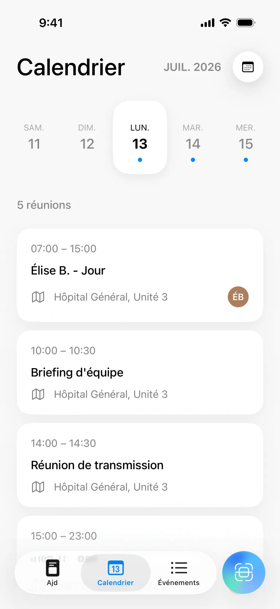 Vue calendrier Lumical avec planning quotidien et navigation