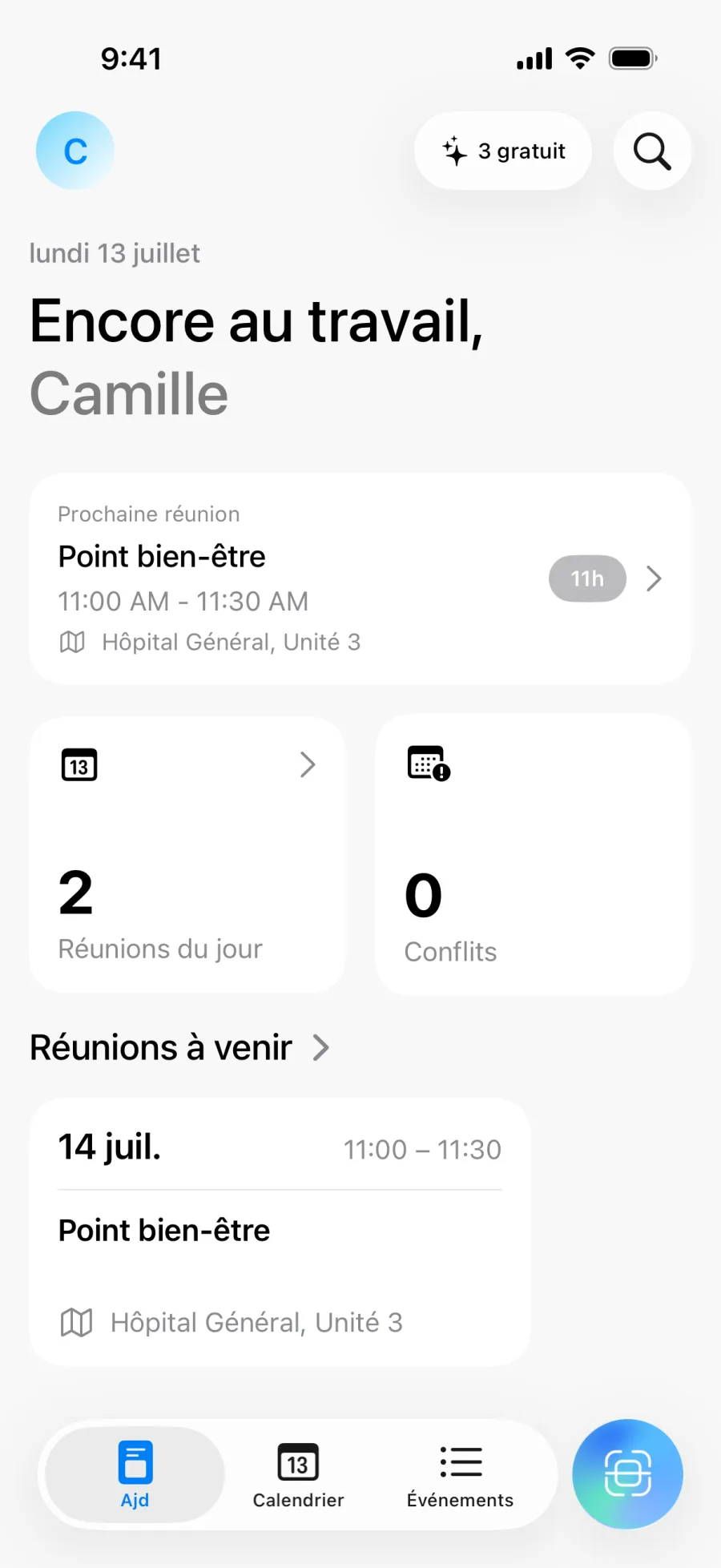 Écran d'accueil Lumical avec l'aperçu du jour et le nombre de conflits