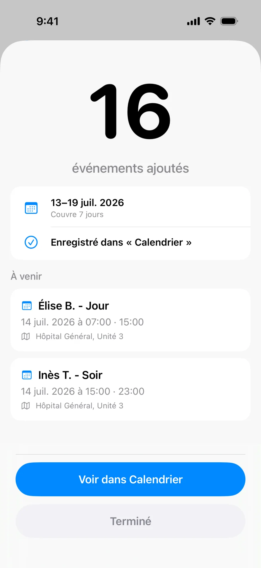 Écran de confirmation Lumical après l'enregistrement de tout un lot d'événements