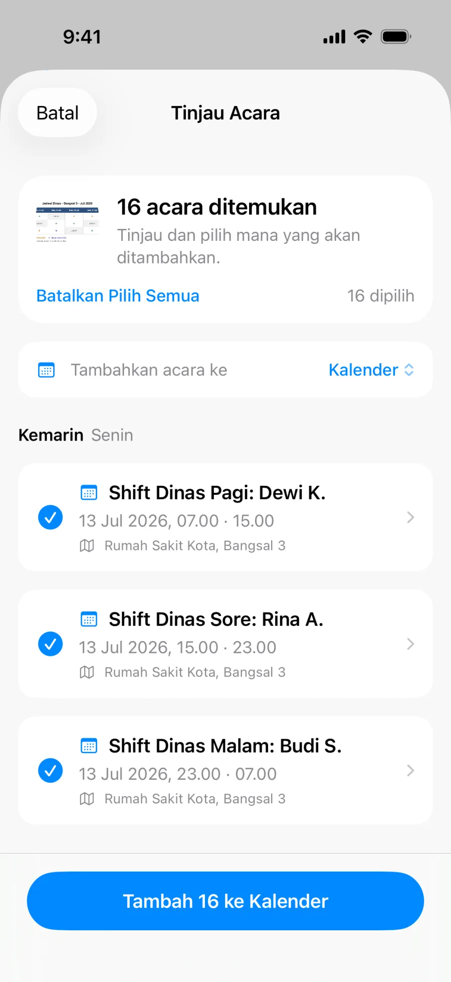 Tinjauan sekaligus Lumical menampilkan satu pekan penuh shift yang diekstrak dari satu foto jadwal