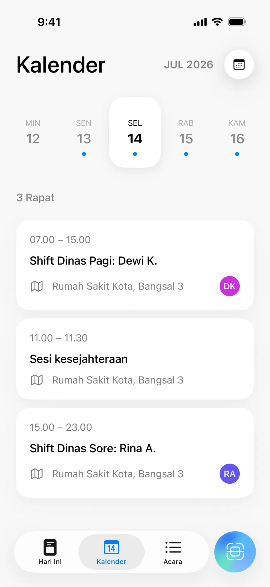 Tampilan kalender Lumical dengan jadwal harian dan navigasi