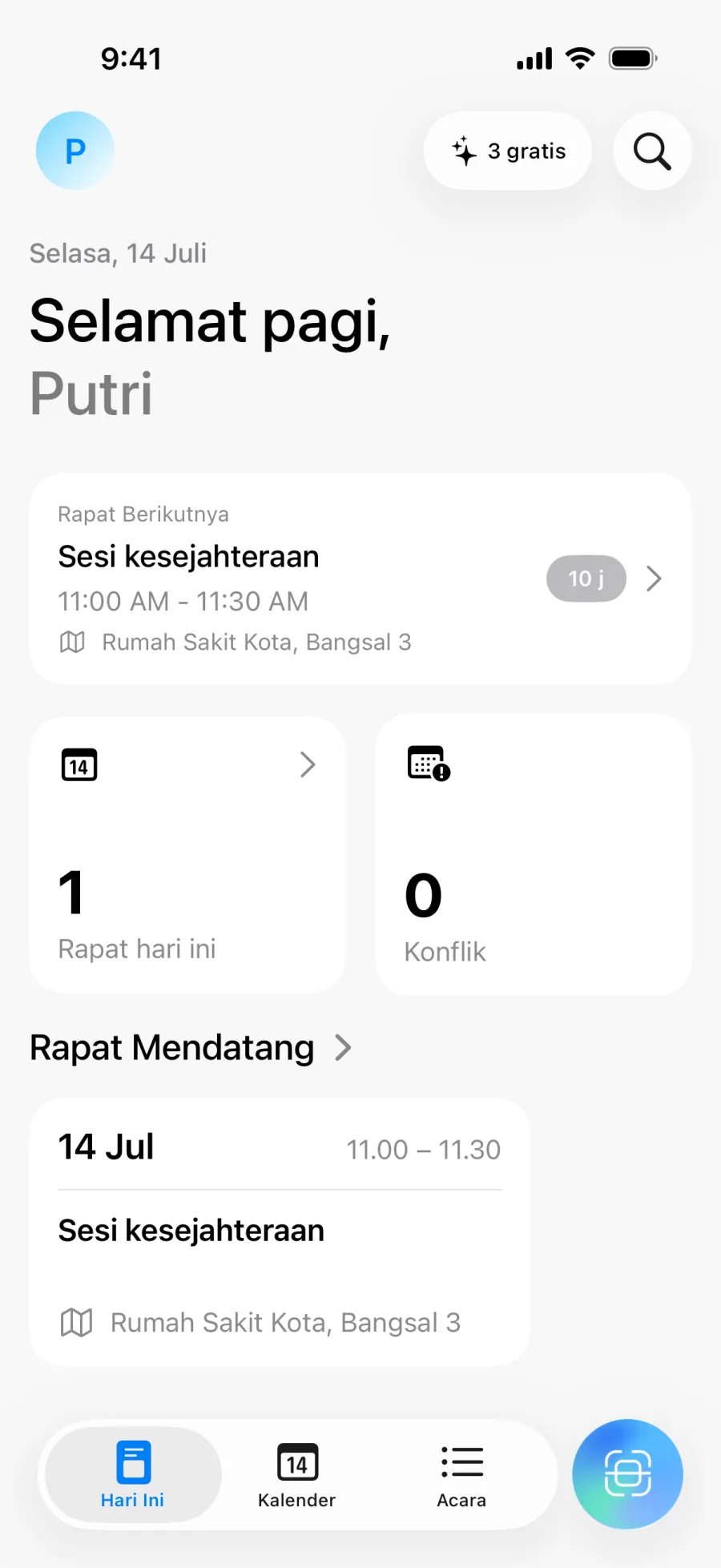 Layar utama Lumical dengan ringkasan harian dan jumlah bentrok