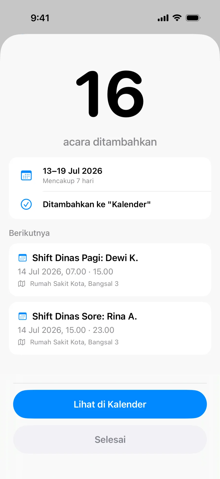 Layar sukses Lumical setelah menyimpan satu kumpulan acara sekaligus