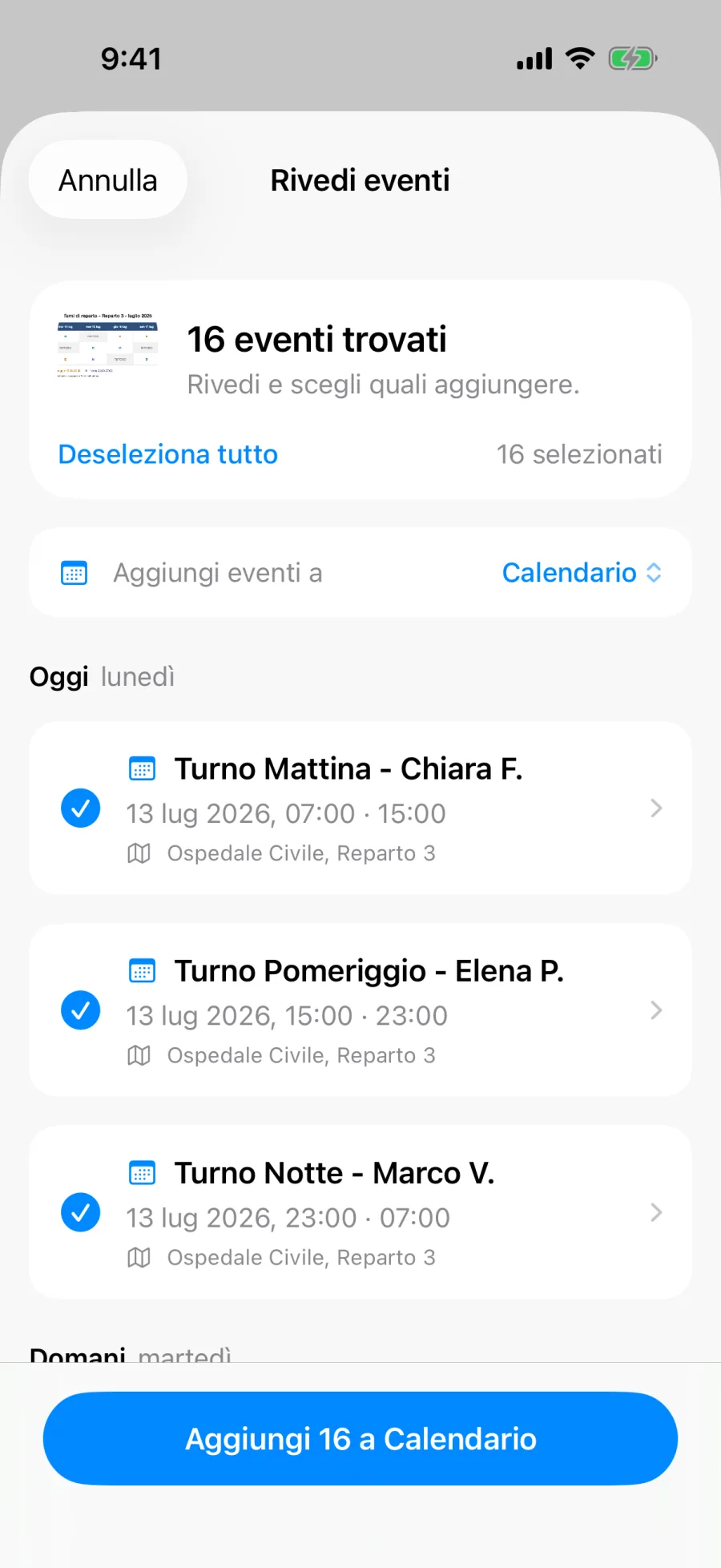 Revisione in blocco di Lumical che mostra un'intera settimana di turni estratti dalla foto di un foglio turni