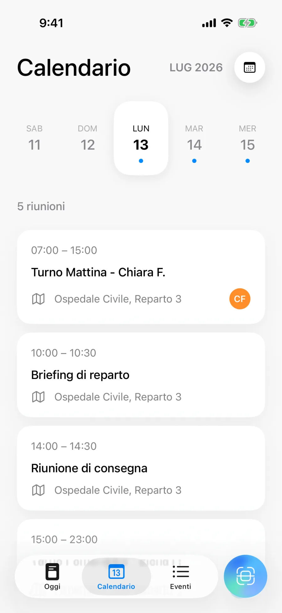 Vista calendario di Lumical con programma giornaliero e navigazione
