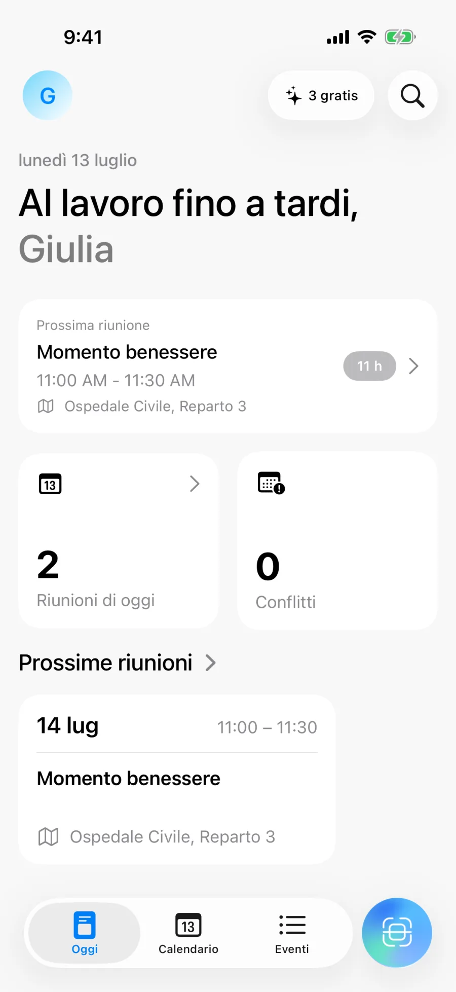 Schermata iniziale di Lumical con il riepilogo della giornata e il numero di conflitti