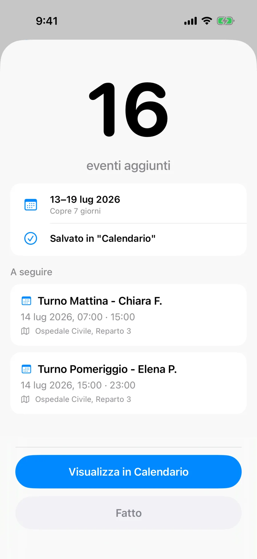 Schermata di conferma di Lumical dopo aver salvato un intero blocco di eventi
