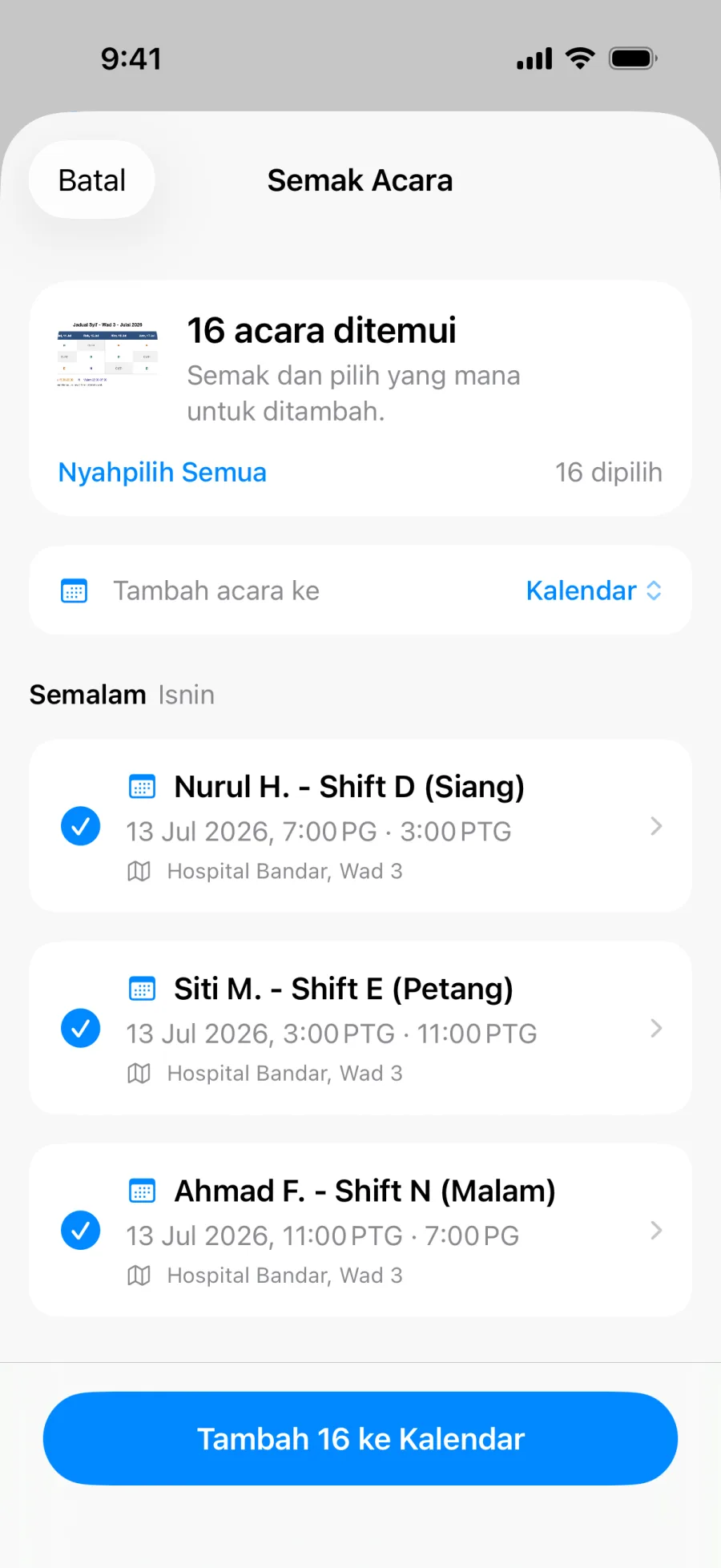 Semakan pukal Lumical menunjukkan seminggu penuh syif yang diekstrak daripada satu gambar jadual