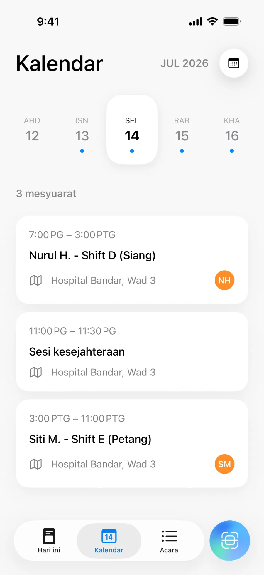 Paparan kalendar Lumical dengan jadual harian dan navigasi