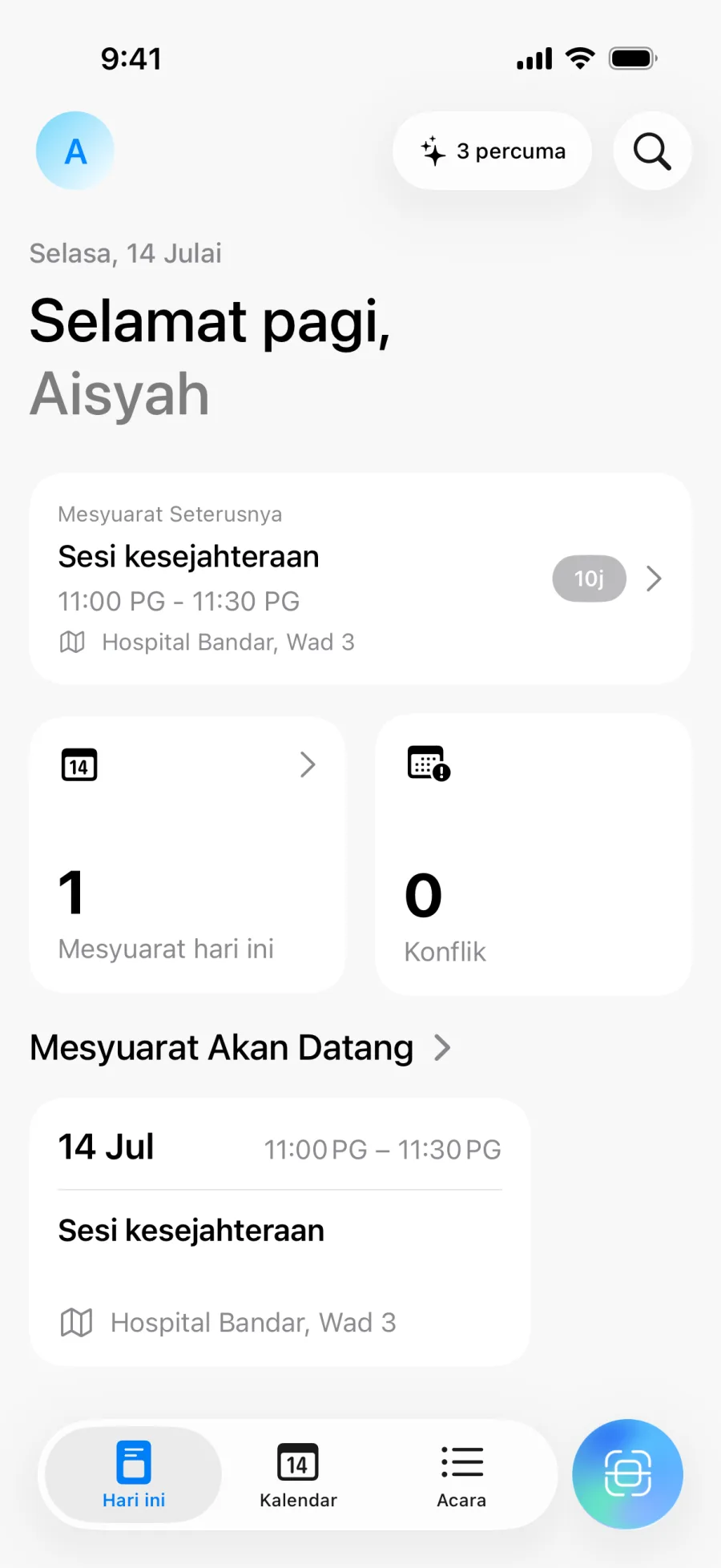 Skrin utama Lumical dengan gambaran harian dan bilangan konflik