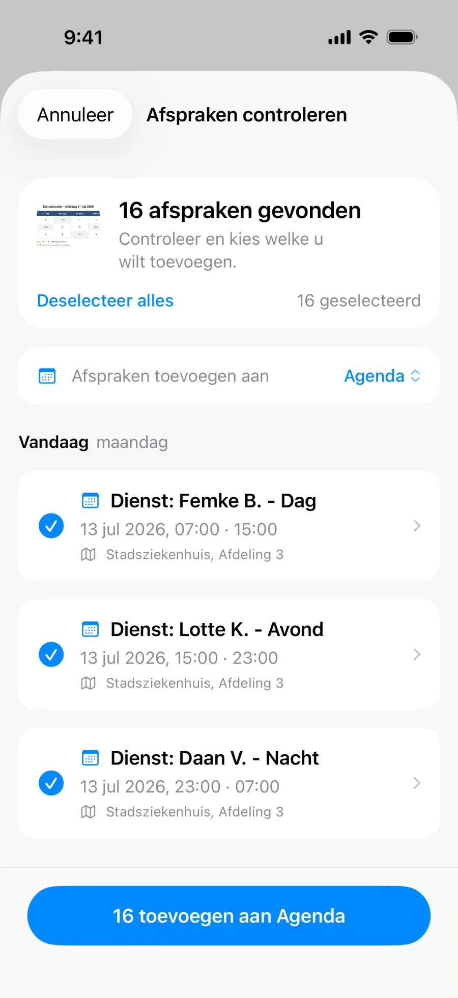 Lumical-batchcontrole toont een hele week diensten uit één roosterfoto