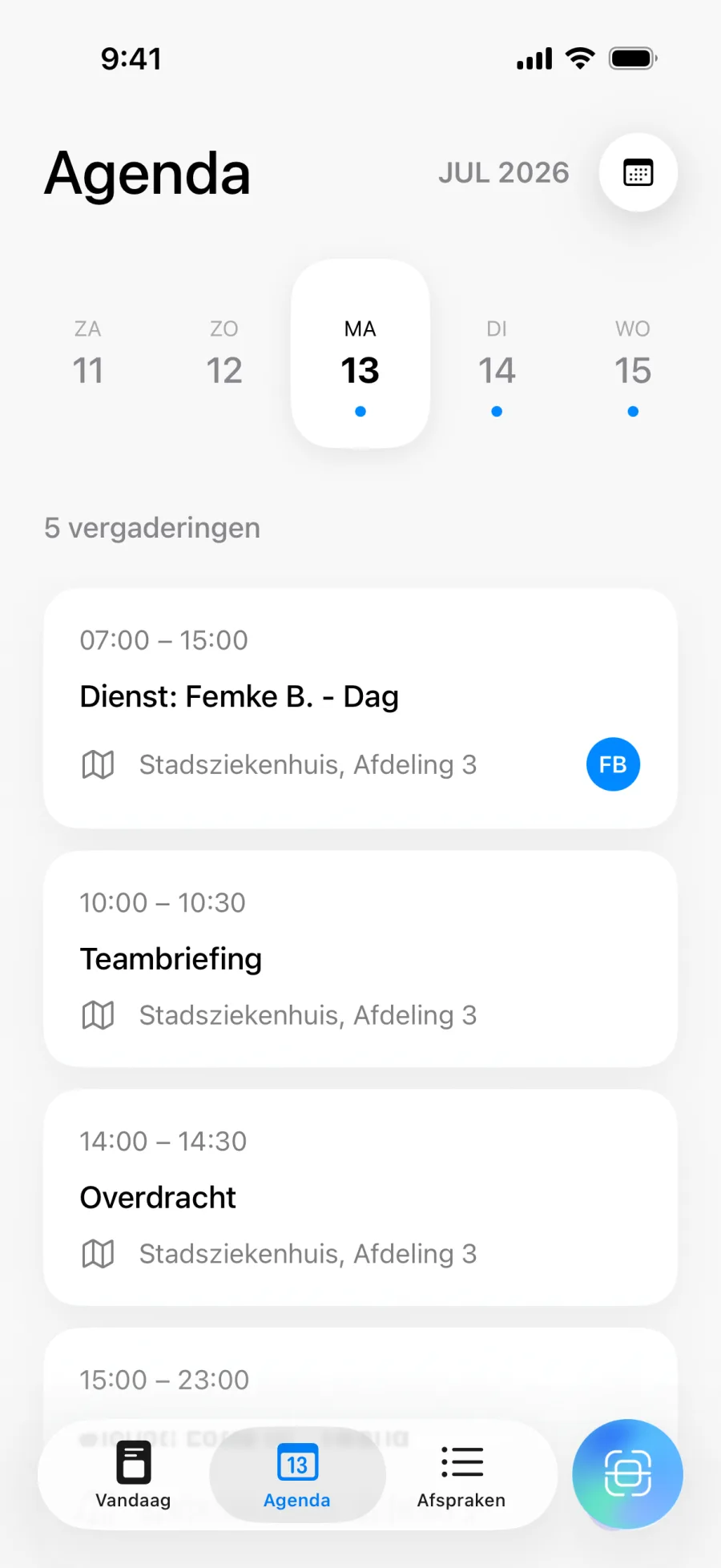 Lumical-agendaweergave met dagplanning en navigatie