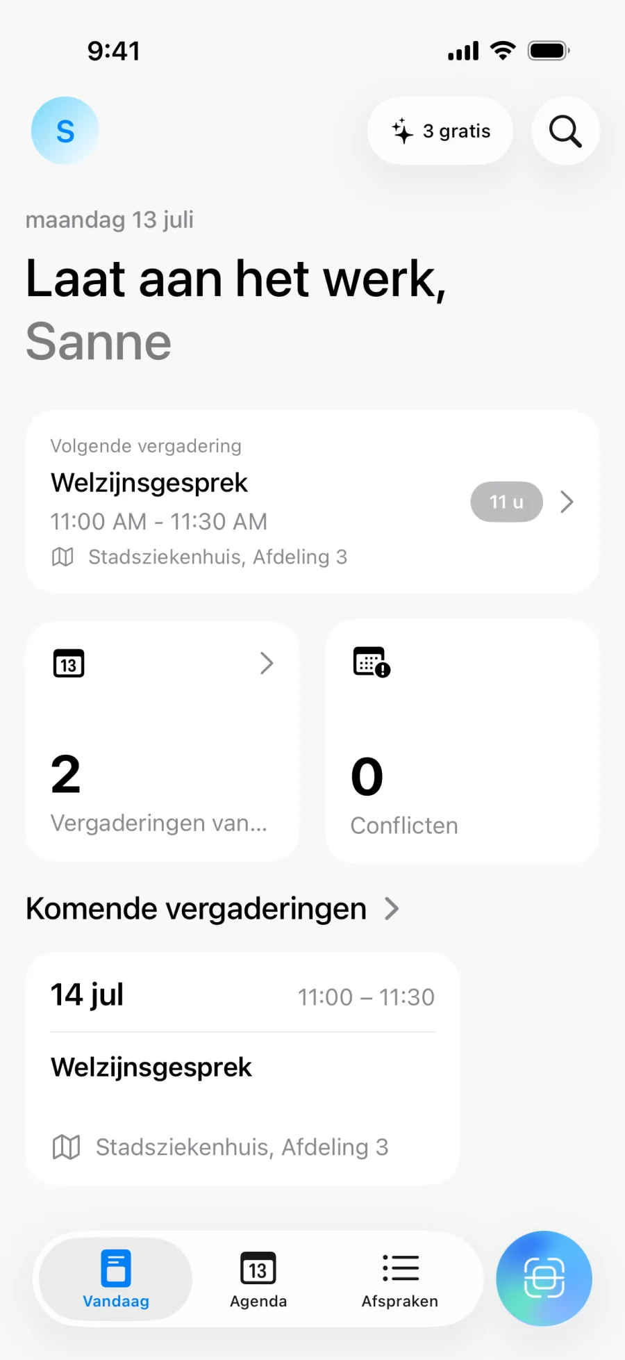 Lumical-beginscherm met dagoverzicht en aantal conflicten
