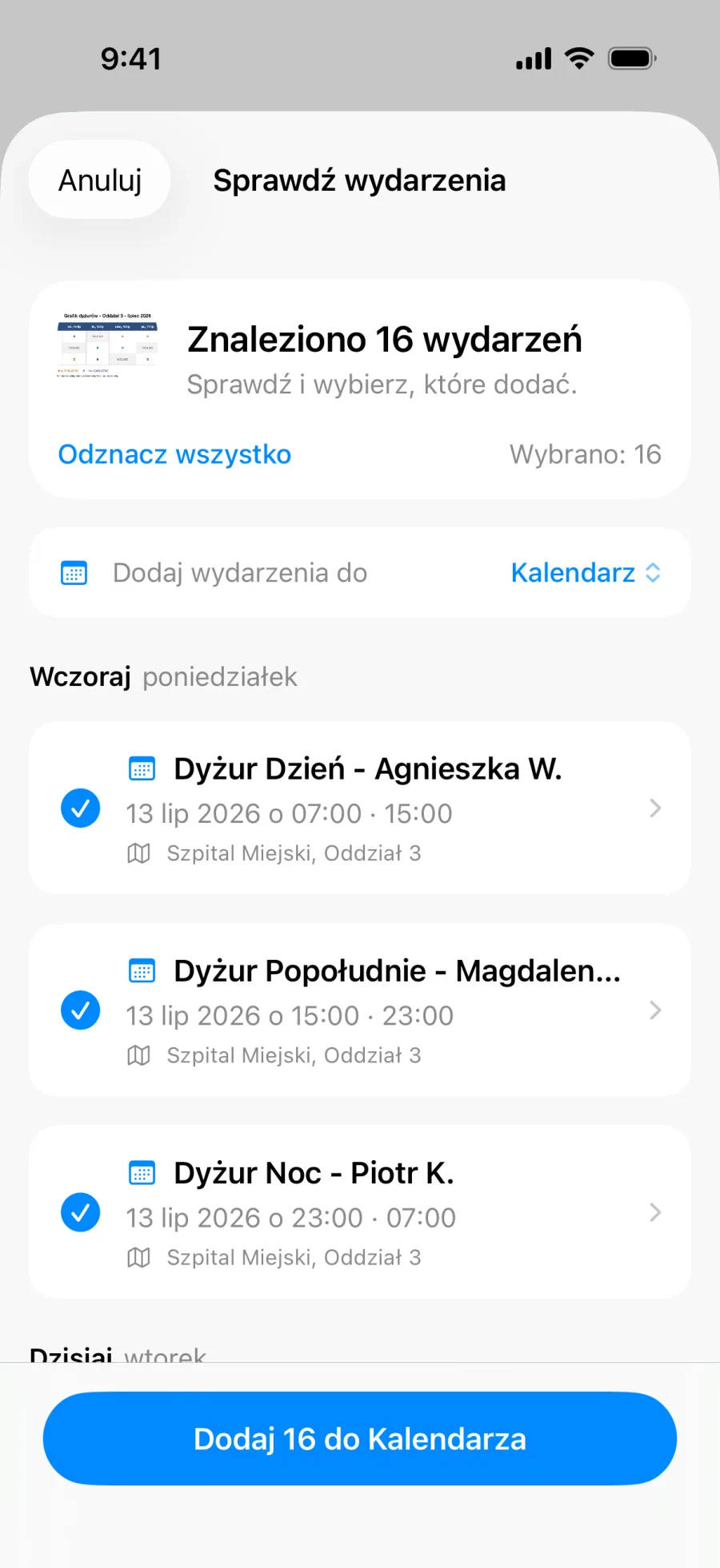 Przegląd zbiorczy Lumical z całym tygodniem zmian wyodrębnionych z jednego zdjęcia grafiku