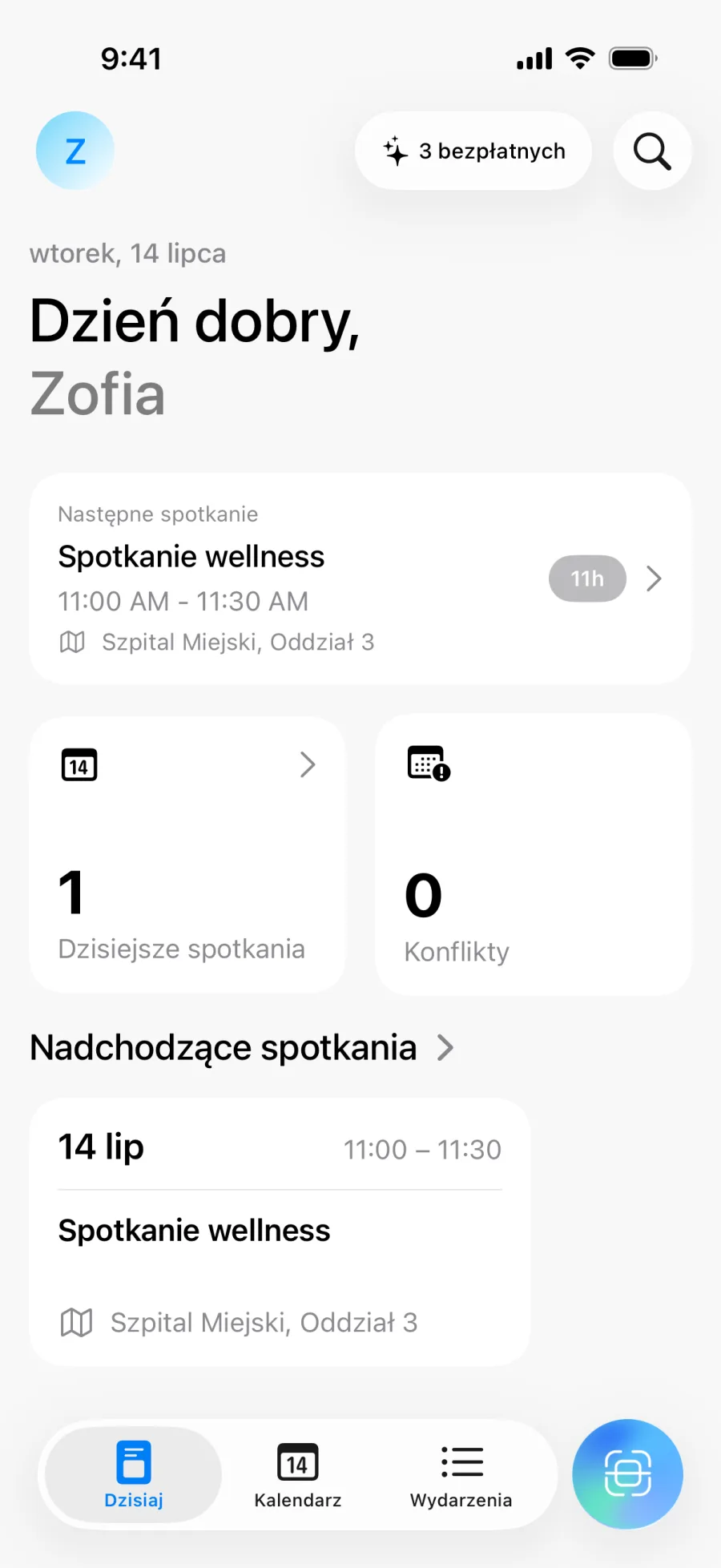 Ekran główny Lumical z przeglądem dnia i liczbą konfliktów
