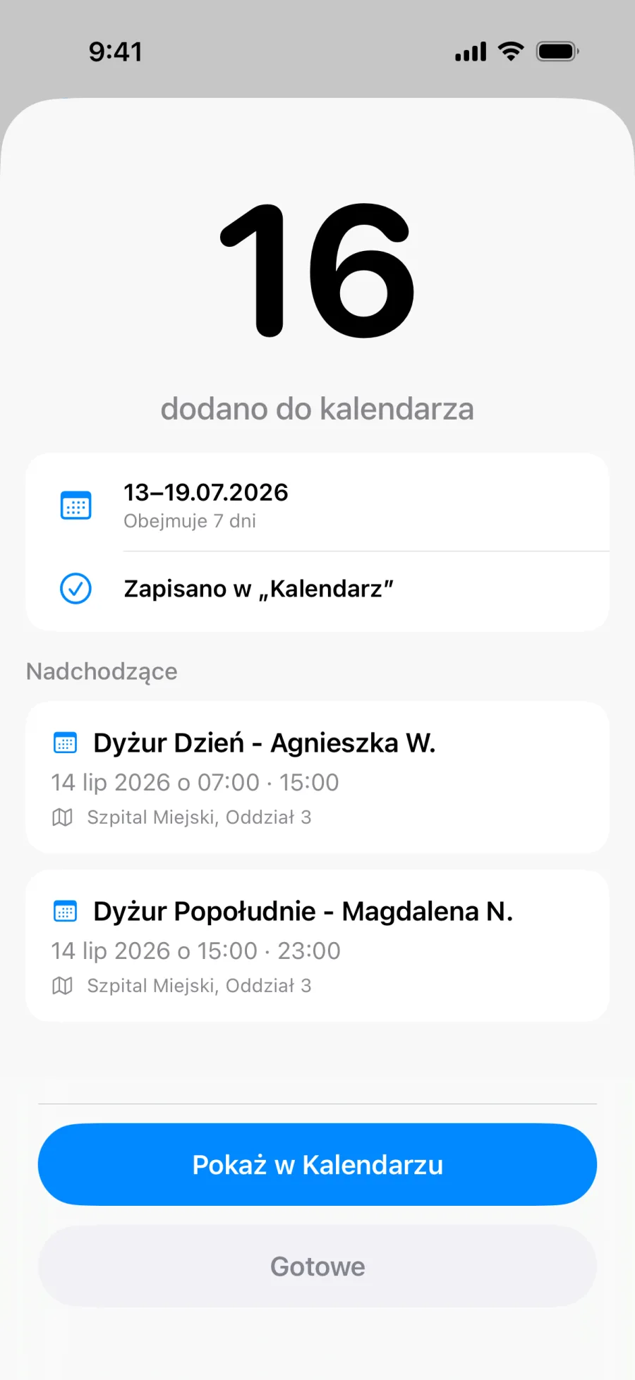 Ekran potwierdzenia Lumical po zapisaniu całej partii wydarzeń