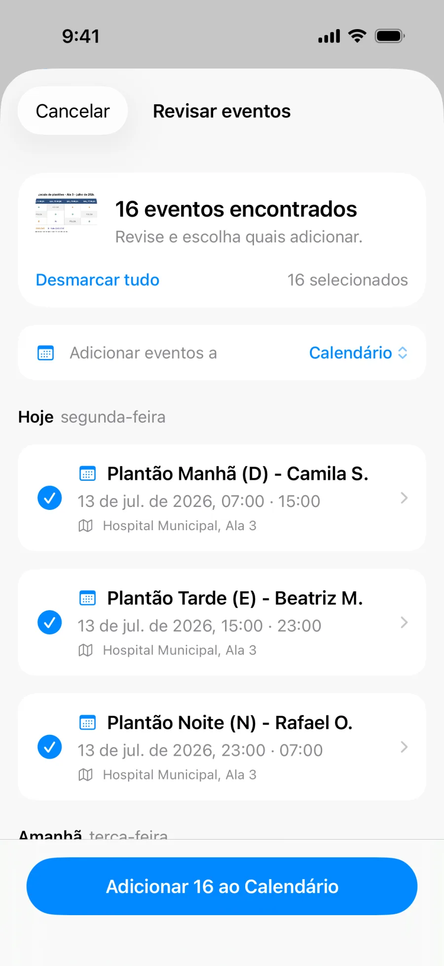Revisão em lote do Lumical mostrando uma semana inteira de turnos extraídos da foto de uma escala