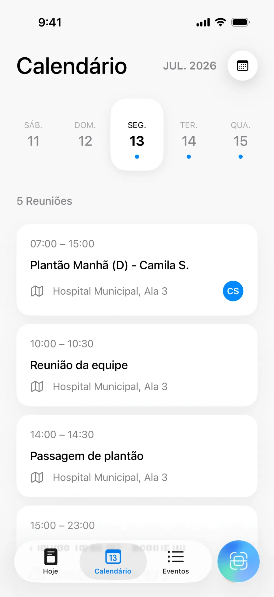 Visão do calendário do Lumical com agenda diária e navegação