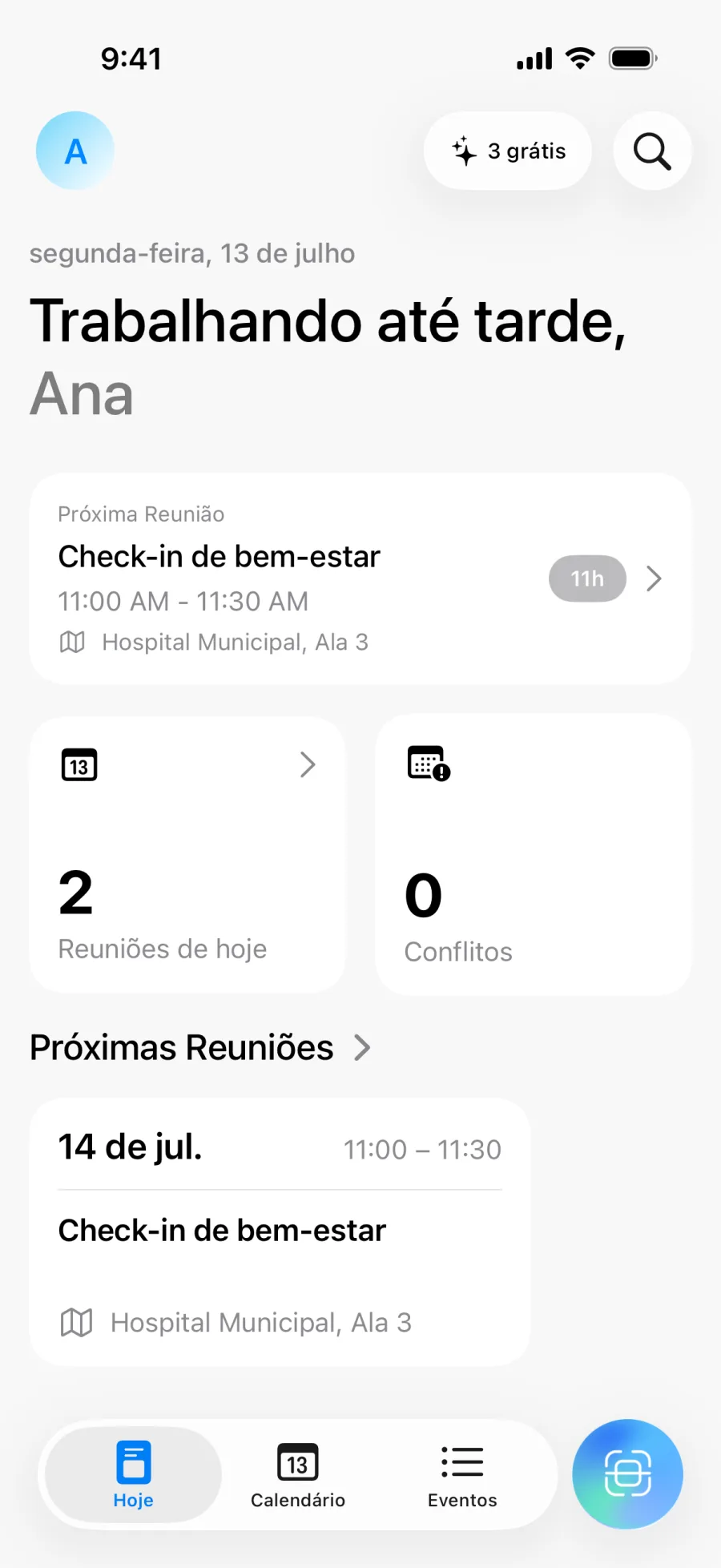 Tela inicial do Lumical com o resumo do dia e a contagem de conflitos