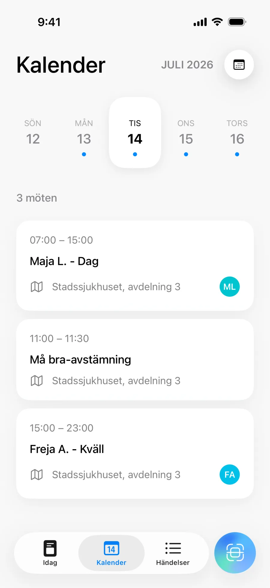 Lumicals kalendervy med dagsschema och navigering