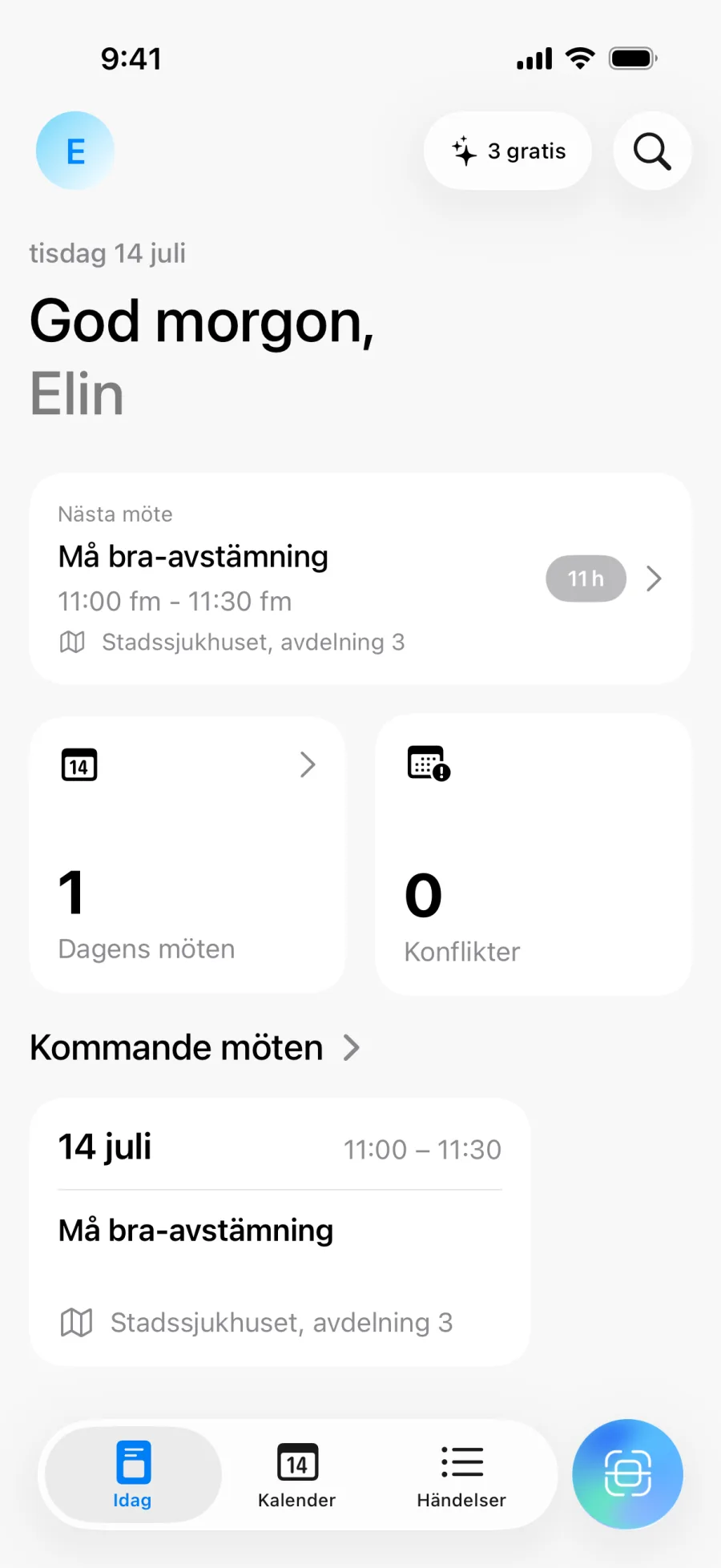Lumicals startskärm med dagsöversikt och antal krockar