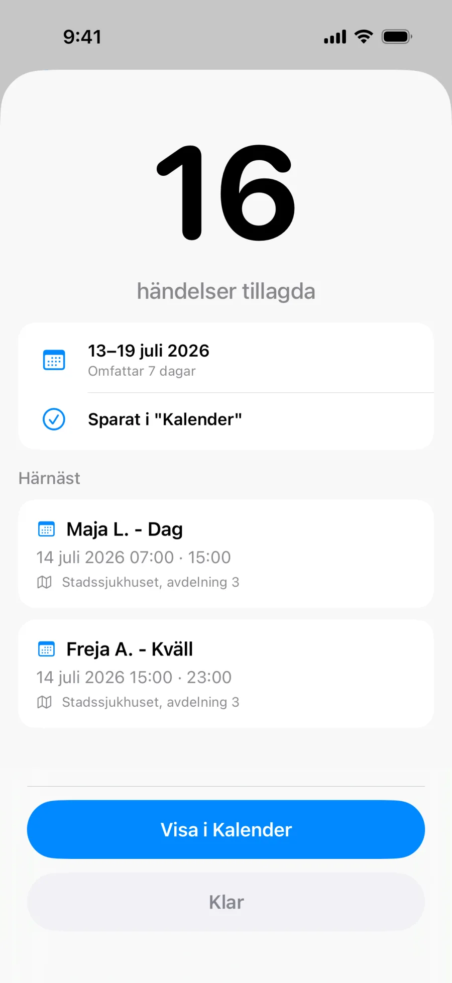 Lumicals bekräftelseskärm efter att en hel bunt händelser sparats