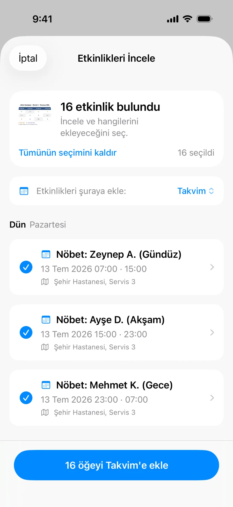 Tek çizelge fotoğrafından çıkarılan bir haftalık vardiyaları gösteren Lumical toplu inceleme ekranı