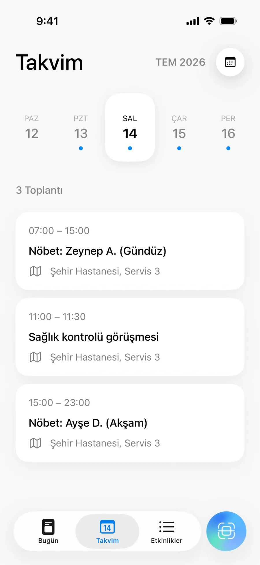 Günlük program ve gezinme içeren Lumical takvim görünümü