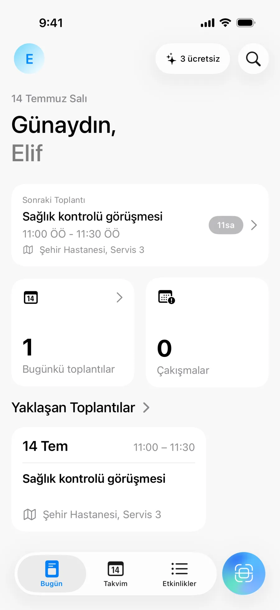 Günlük genel bakış ve çakışma sayısını gösteren Lumical ana ekranı